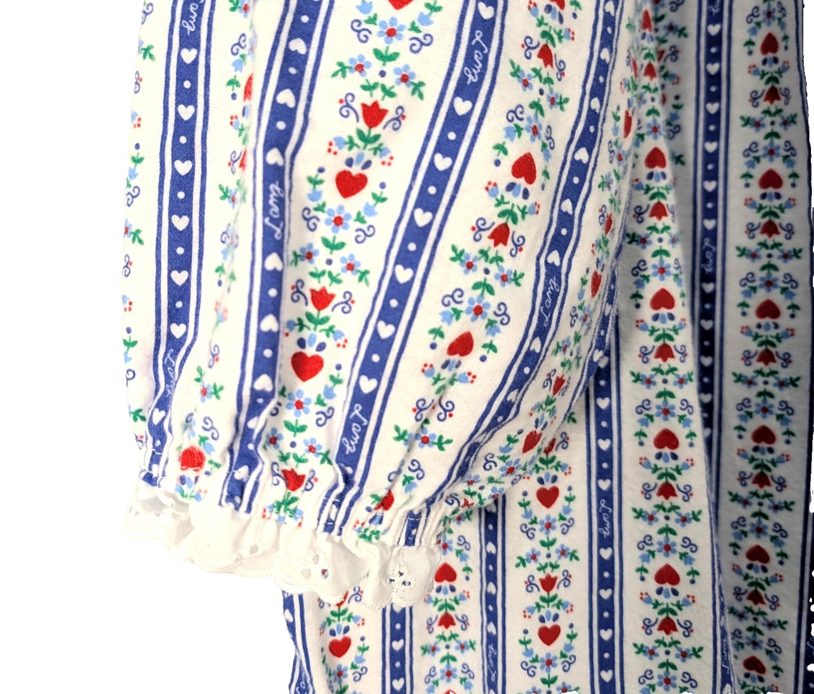 NEW LANZ 2X Tyrolean Hearts Floral Stripe Eyelet Lace 49″ Long Flannel Nightgown