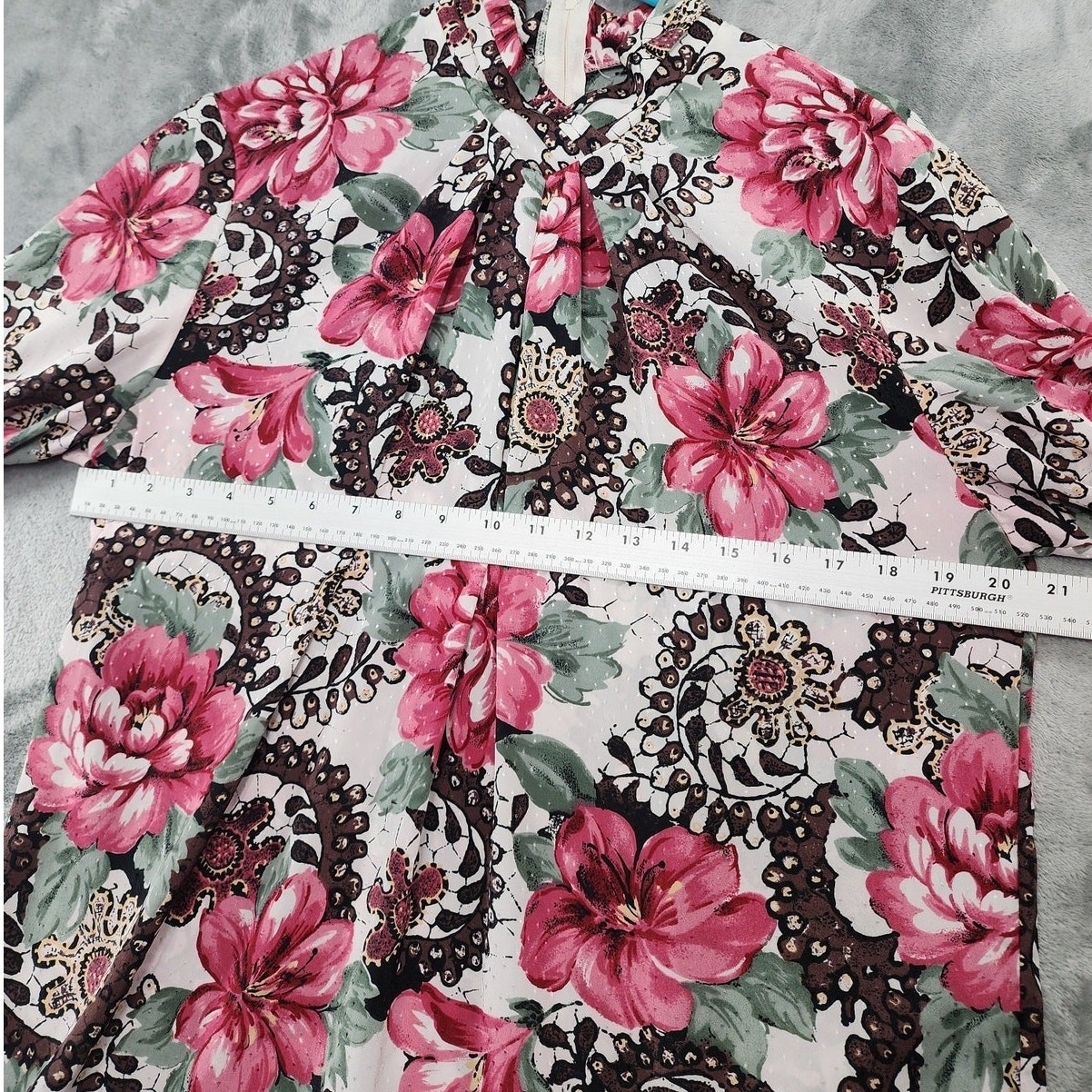Vintage Pyke LTD Top Womens M Pink Floral High Pleated V-Neck Long Sleeve Zip