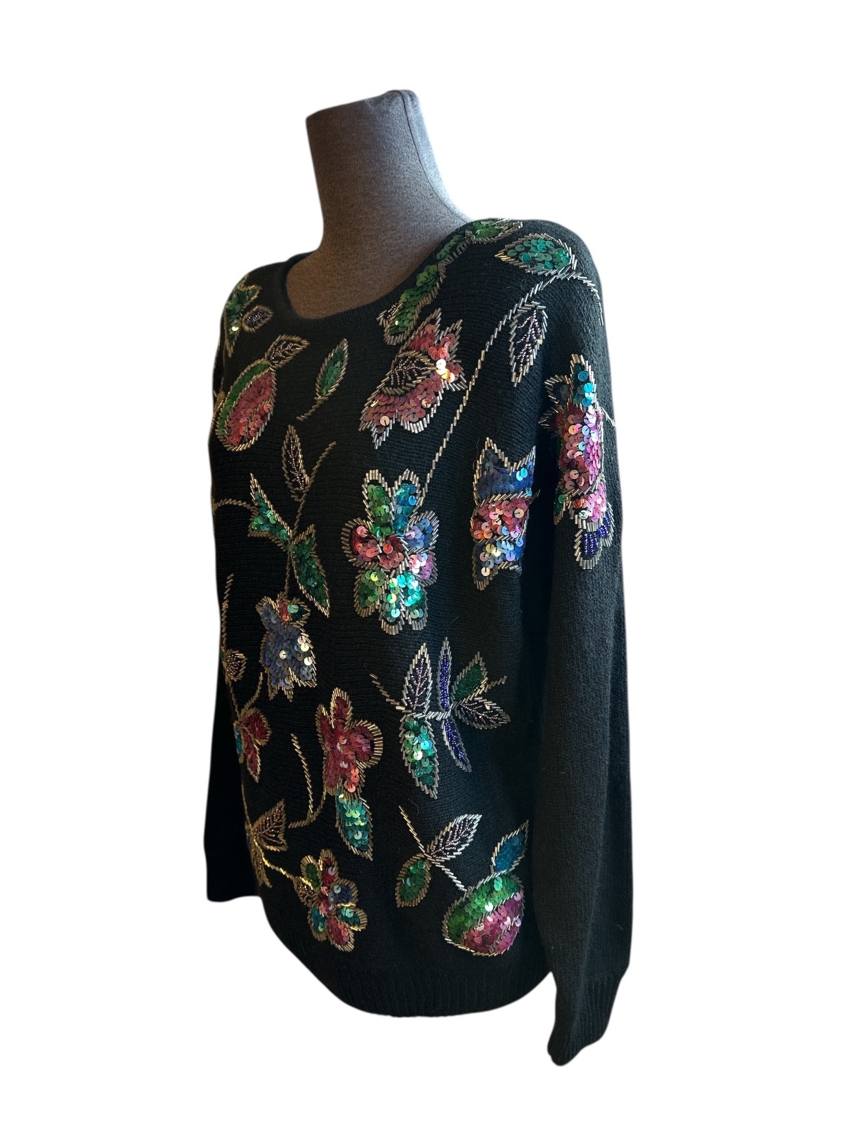 90s Vintage Gladys Bagley Womens Small Floral Sequin Beaded Holiday Knit Sweater