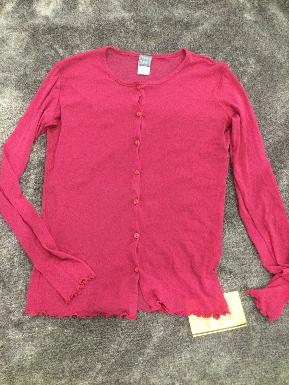 Vintage Hanky Panky NWT Sheer Mesh Cardigan Pink Button Front Lettuce Hem S Y2K