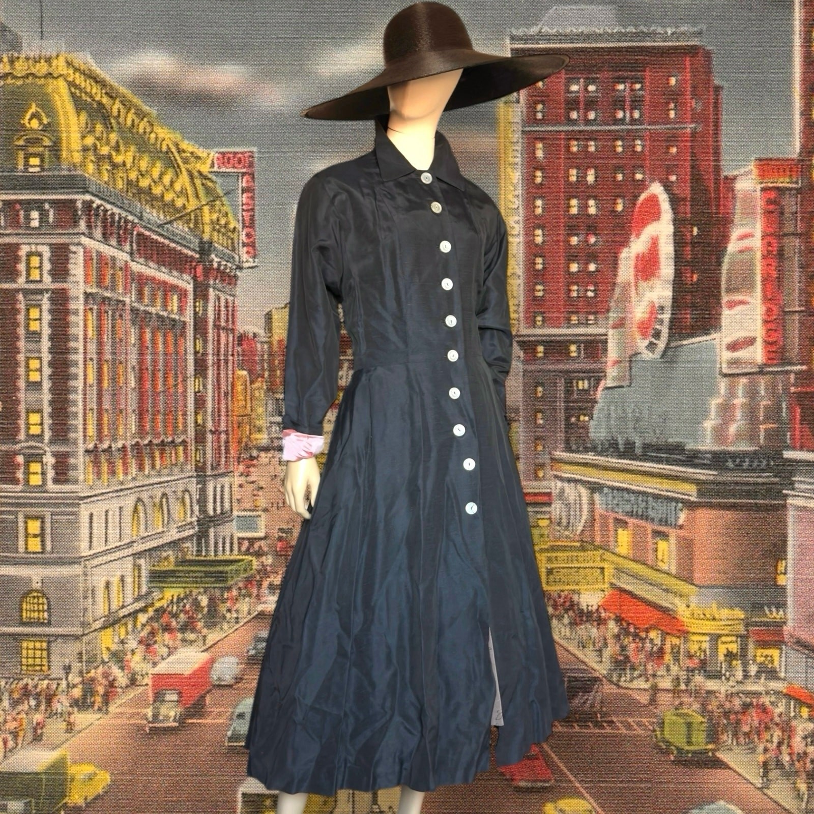 Vintage 1940s New Look Black Silk Duster Princess Coat Button Front Jacket Small