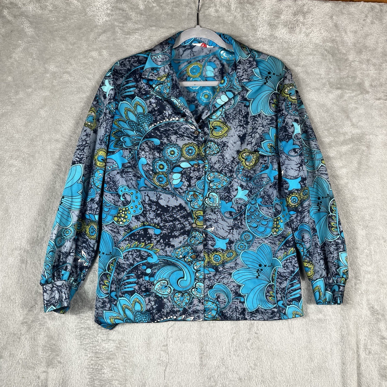 VTG 70s Pykettes Shirt Womens Psychedelic Paisley Floral Turquoise M/L Disco