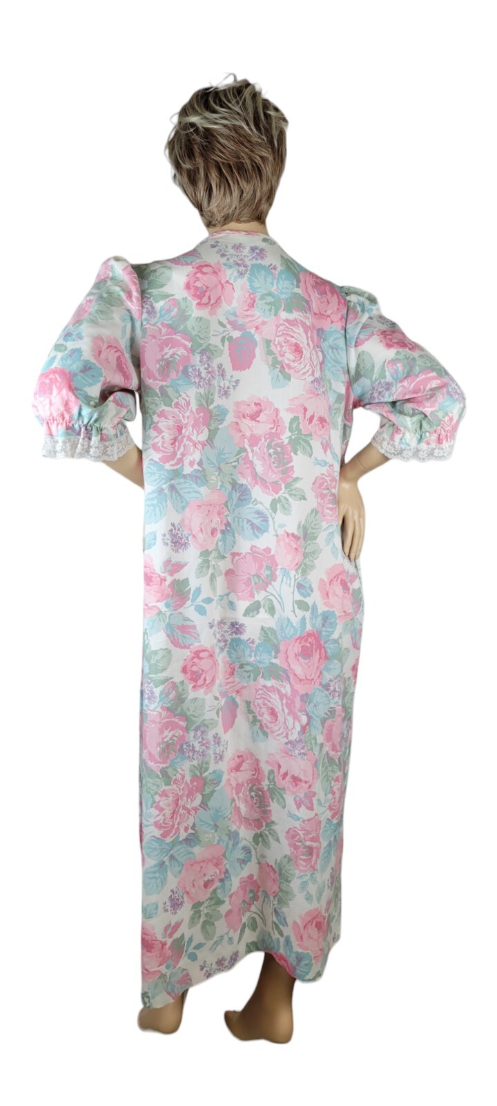 Vintage Wolverine Zip Dressing Gown Robe Pastel Floral Peter Pan Lace Collar L