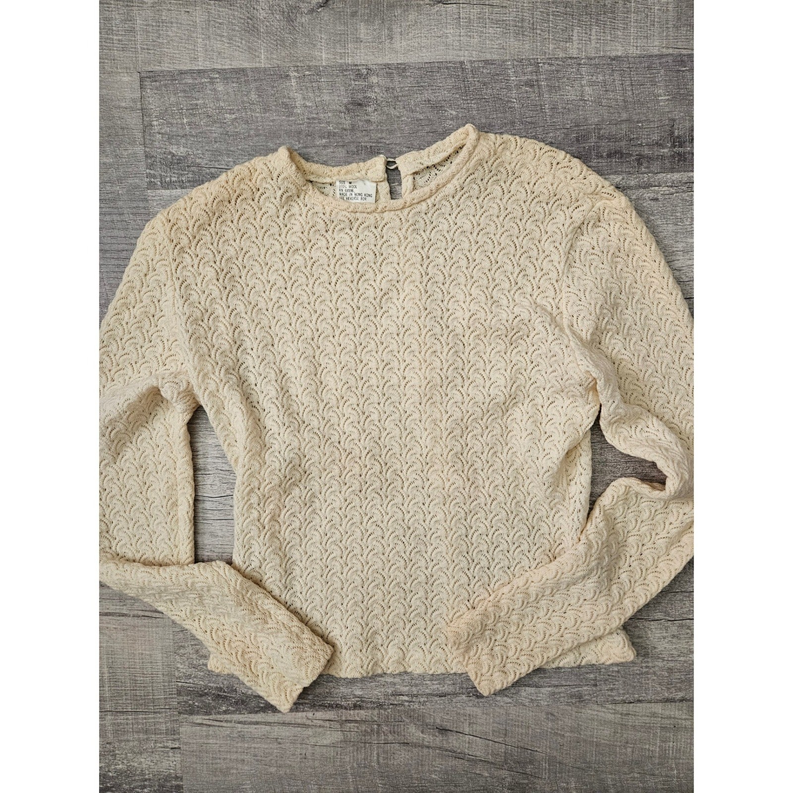 Vintage 100% Wool Cream Open Knit Long Sleeve Sweater Top Size Medium