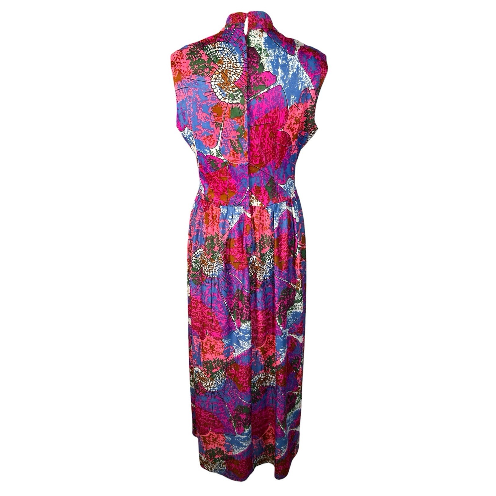 VTG 60s Floral Abstract Mock Neck Hippie Psychedelic Long Maxi Dress Sz M