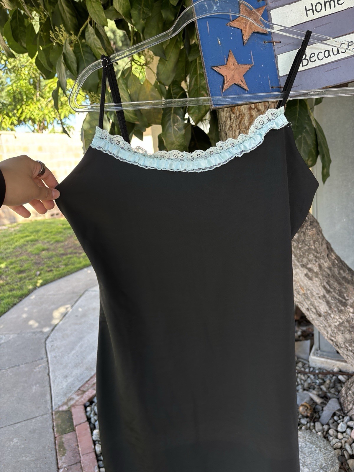 Finesse Women’s Black Slip Dress with Blue Lace Trim, Blue Accents, Size M