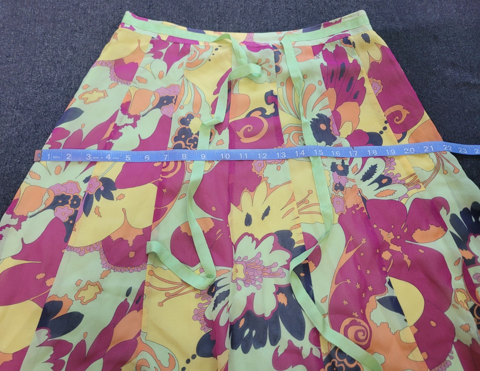 Vintage 90s Y2K Psychedelic Knee Length Skirt Silk Floral Bright Mod Gogo 10 M/L