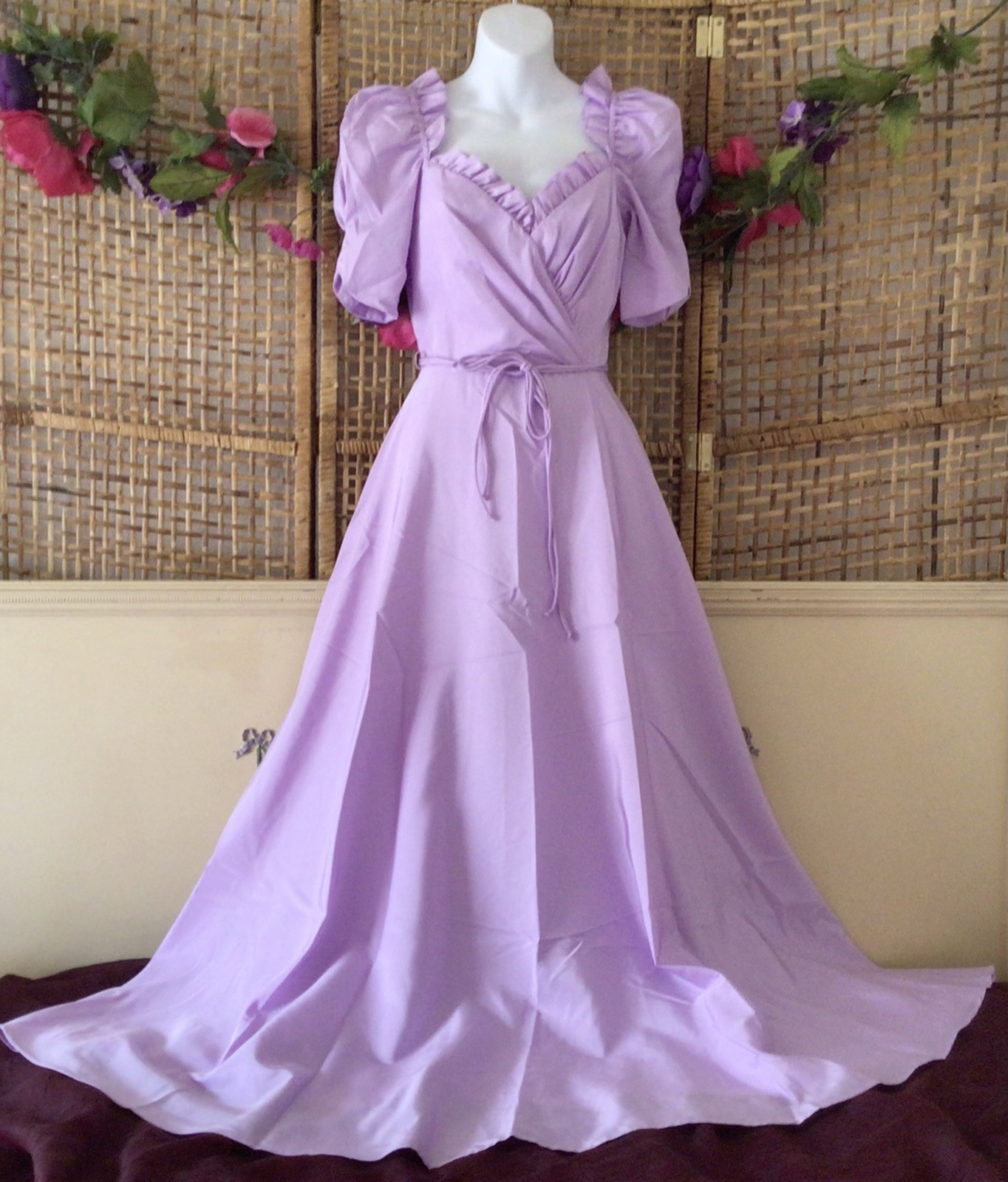 Vtg 80’s Lavender Purple Taffeta Puff Sleeve Prom Bridesmaid Dress XS/S