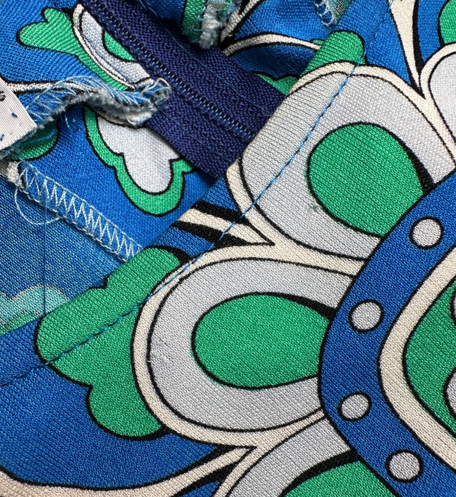 Averardo Bessi 1980s Geometric Floral Print Blue Green Silk Jersey Vintage Dress
