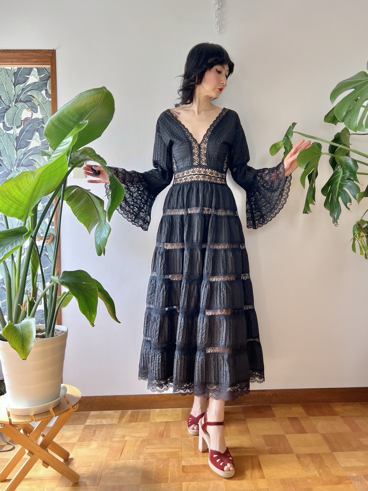 VTG 60s Mexican Wedding Dress Black Lace Pintuck Bell Sleeve Maxi S/M Boho Hippy