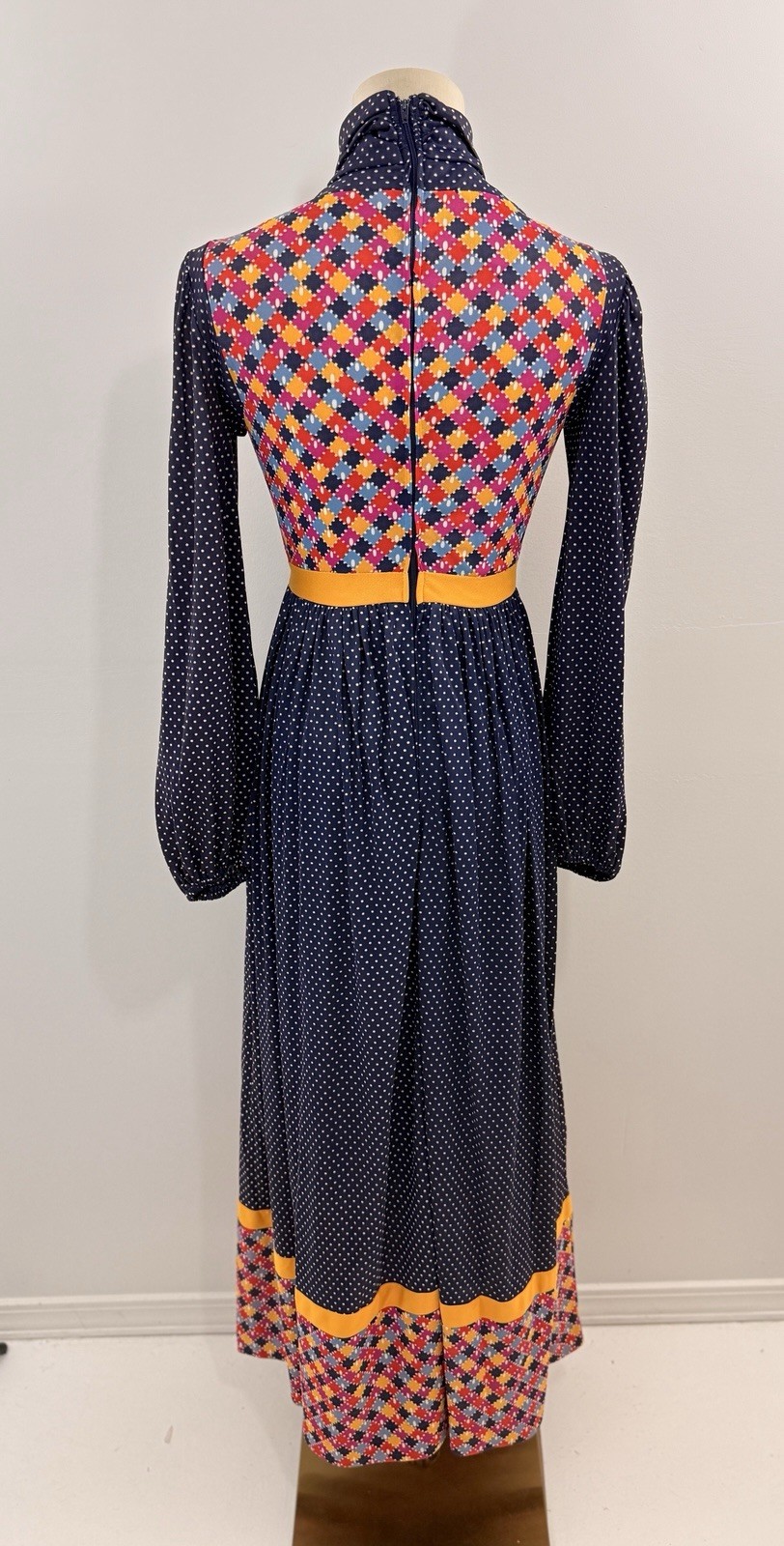 Jonathan Logan 70s VTG Navy Maxi Dress Microdot Faux Patchwork L/S Retro Boho