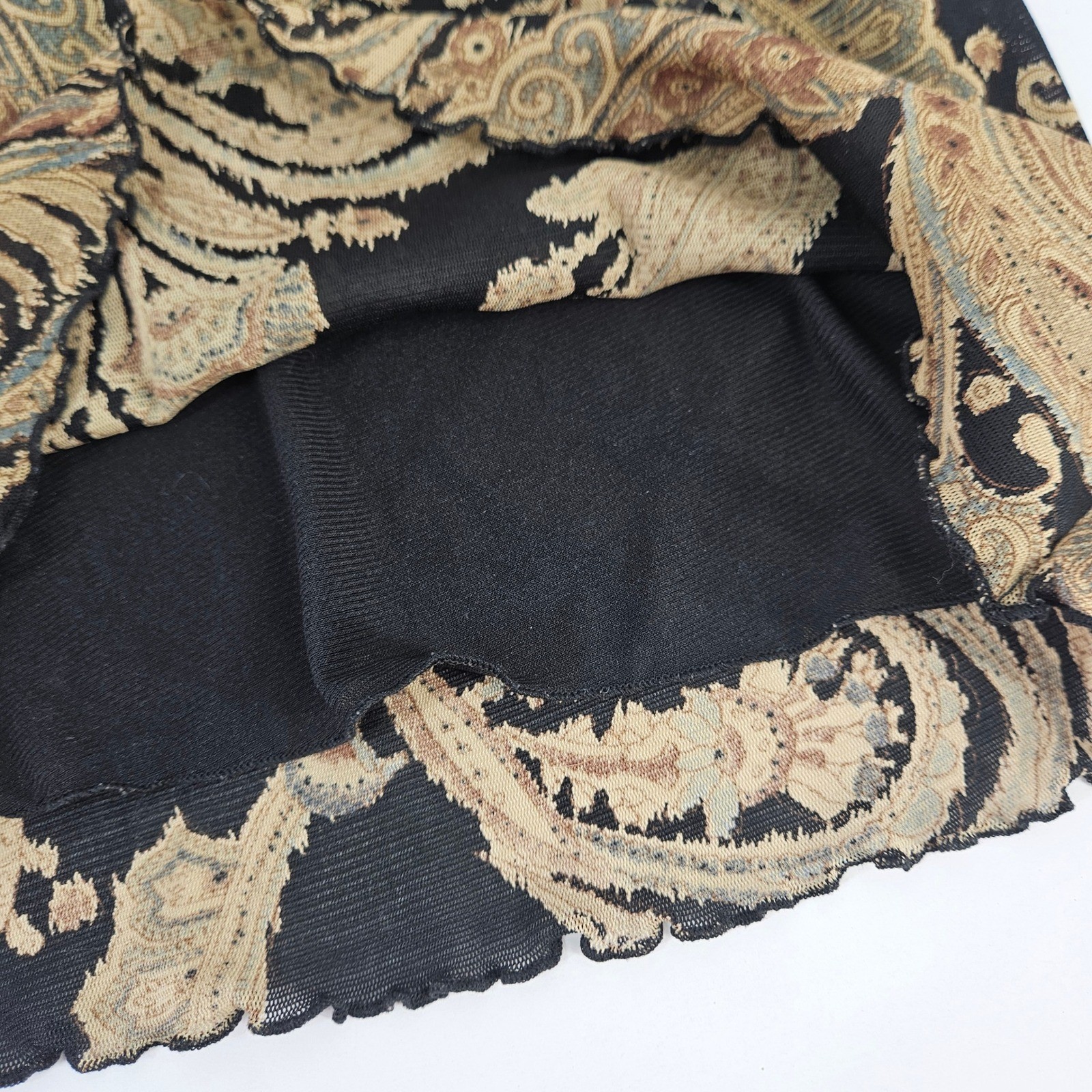 Wet Seal Vtg Y2K Paisley Mesh Long Bell Sleeve Top Black Gold Velvet Curl Trim L