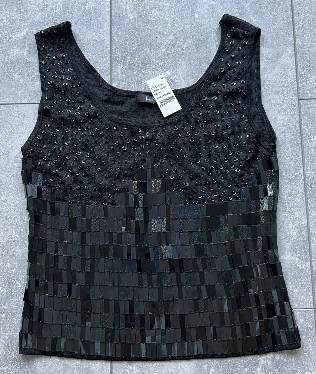 VTG 80-90s Black Round & Rectangular Sequin Top By Judy’s Village Size Small NWT