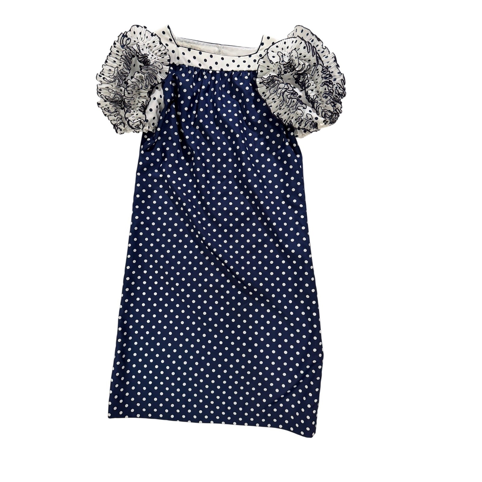Vintage Victor Costa Polka Dot Dress Ruffle Puff Sleeve Blue White Midi Large