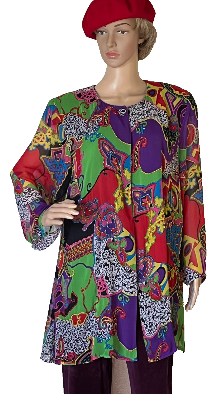 1980’s Diane Freis Vibrant Beaded Flowing Blouse Made in Hong Kong Size Large