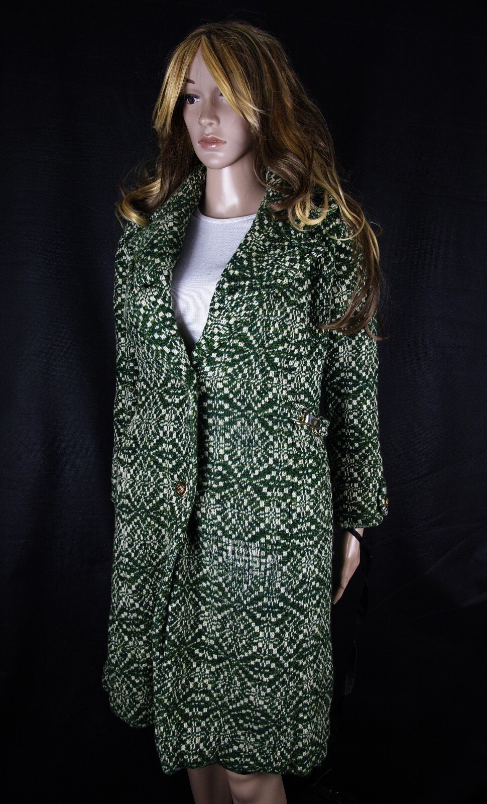 Vtg. Wool Coat Dress Coat Fishelle Green Look Feel Angora Cashmere Silk Sz S