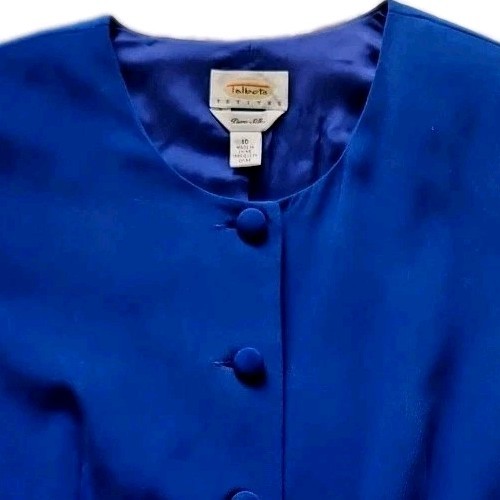 Talbots Petites Pure Silk Suit Jacket Career Cobalt Blue Covered Buttons Size 10