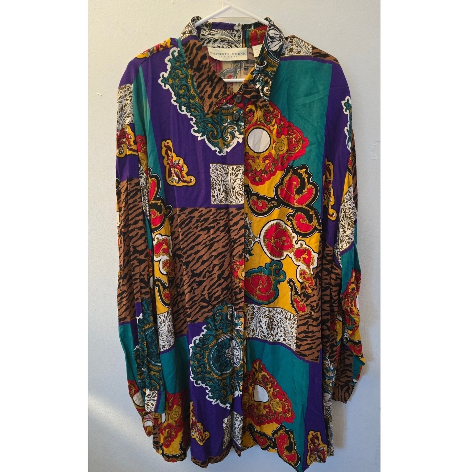 Vintage 80s 90s Kathryn Deene Baroque Animal Patchwork Blouse Plus Size 26/28