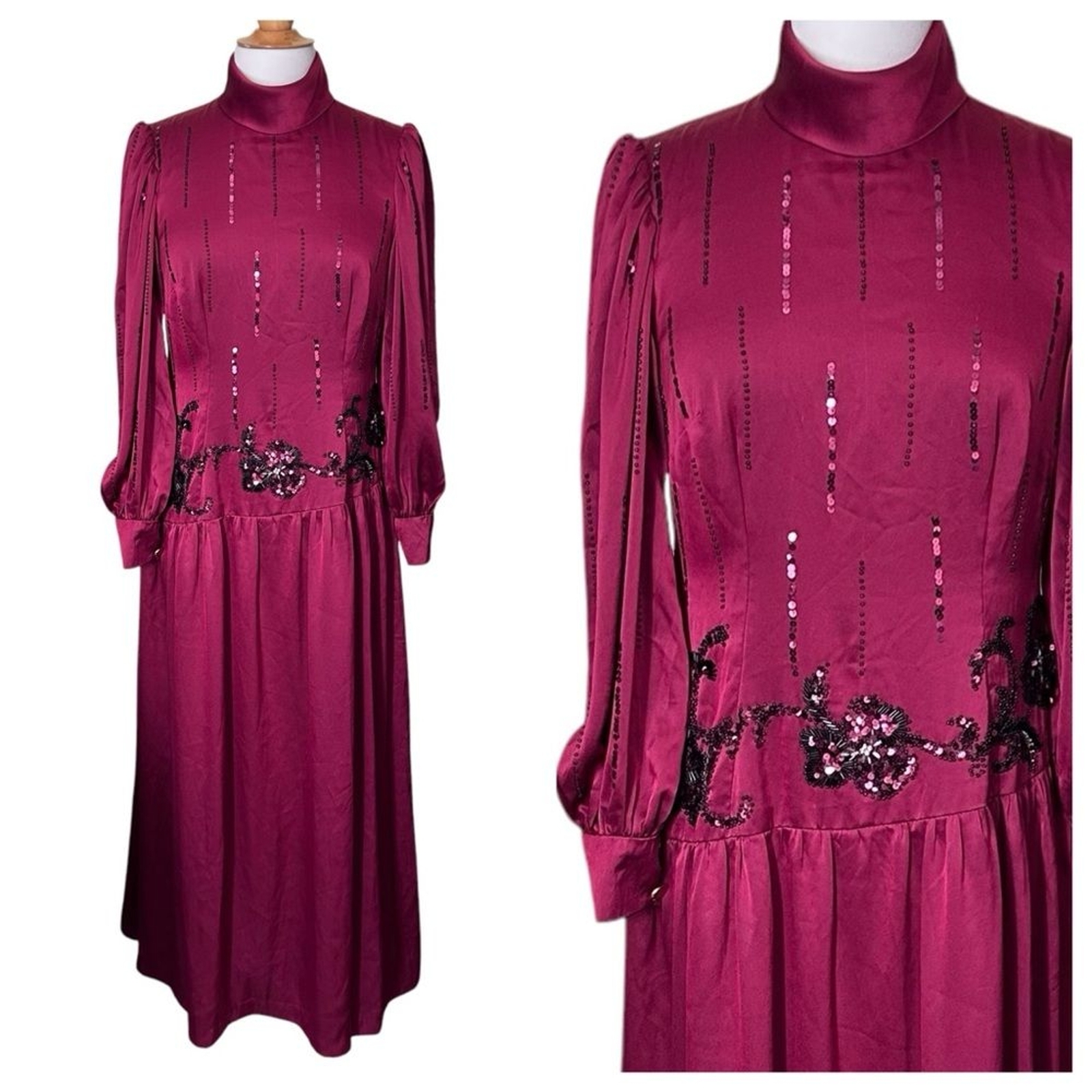 RARE! Vintage SONIA Haute Couture High Neck Long Sleeve Burgundy Evening Dress L