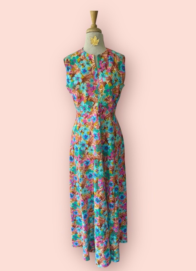 Vtg 1970s It’s Better Hawaiian Floral Maxi Dress Sz M/L Flower Power MoD Tiki