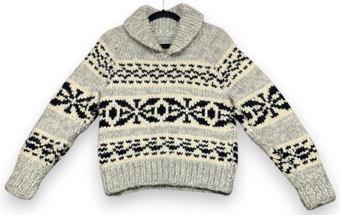 Vintage 60s 70s Cowichan Pullover Shawl Collar Wool Sweater Womens XS Gray Ivory
