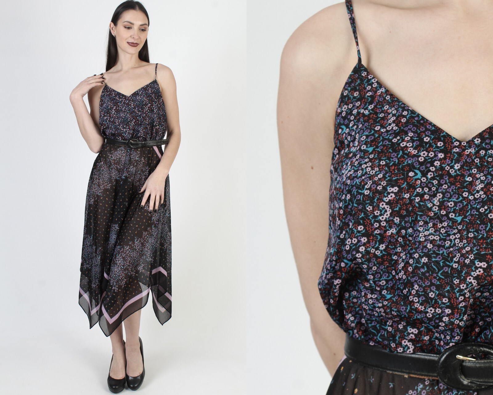 Vintage Sheer Black Floral Dress Spaghetti Strap Hi Lo Asym Hanky Hem Sundress