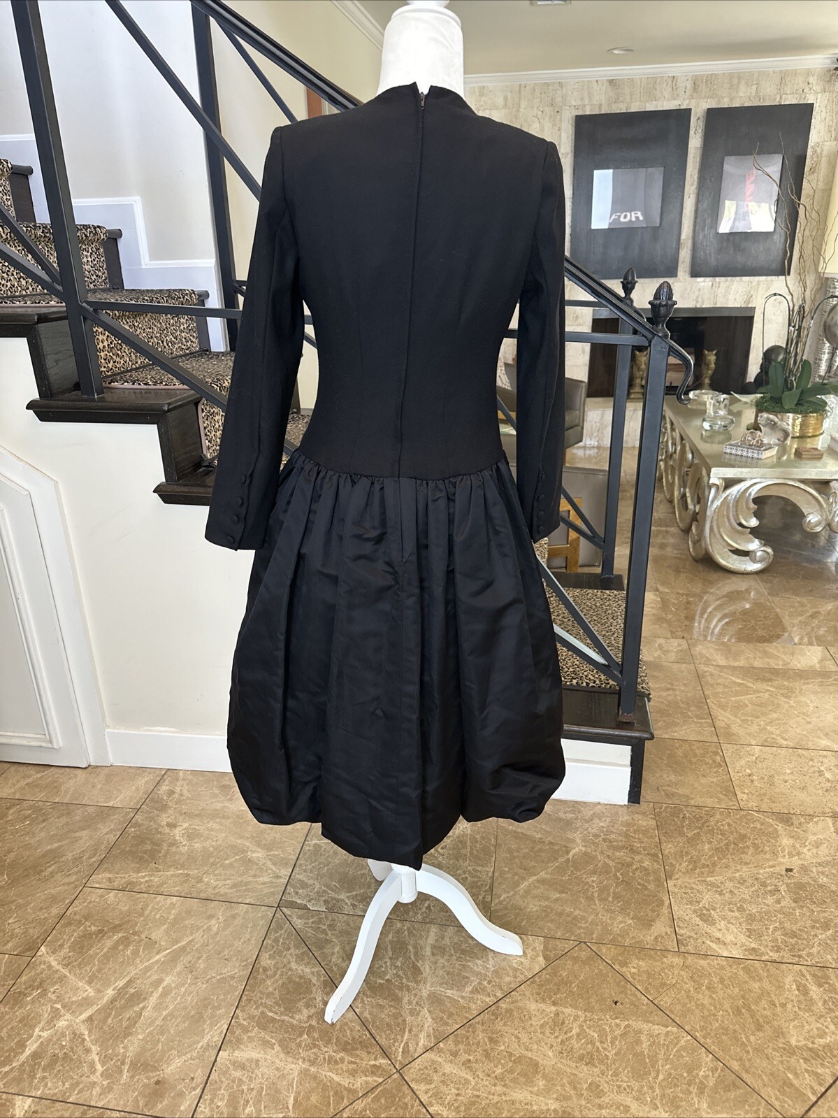 William Pearson 80s Black Wool Drop Waist Stiff Satin Balloon Skirt Dress Size 6