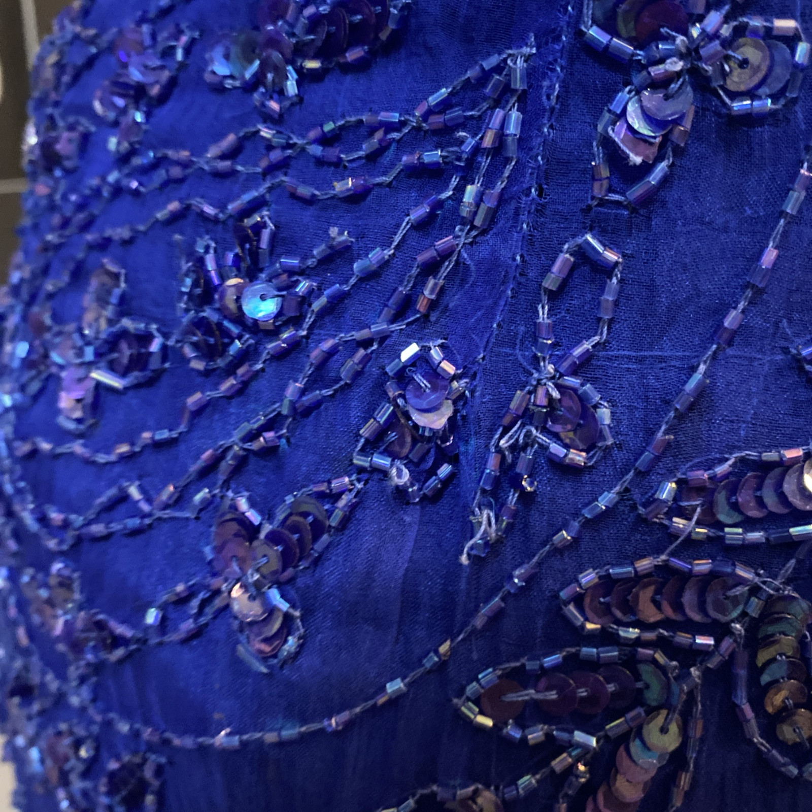 Vintage 80s Dark Blue Silk Sequin Beaded Fringe Cocktail Formal Mini Dress Med