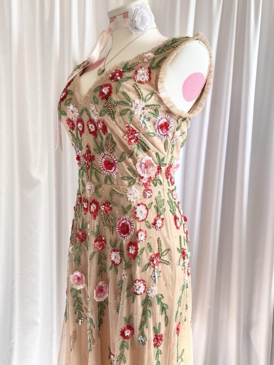 Vintage Y2K Nude Gold Fairy Beaded Sequin Ruffle Mesh Vacation Formal Gown Dress