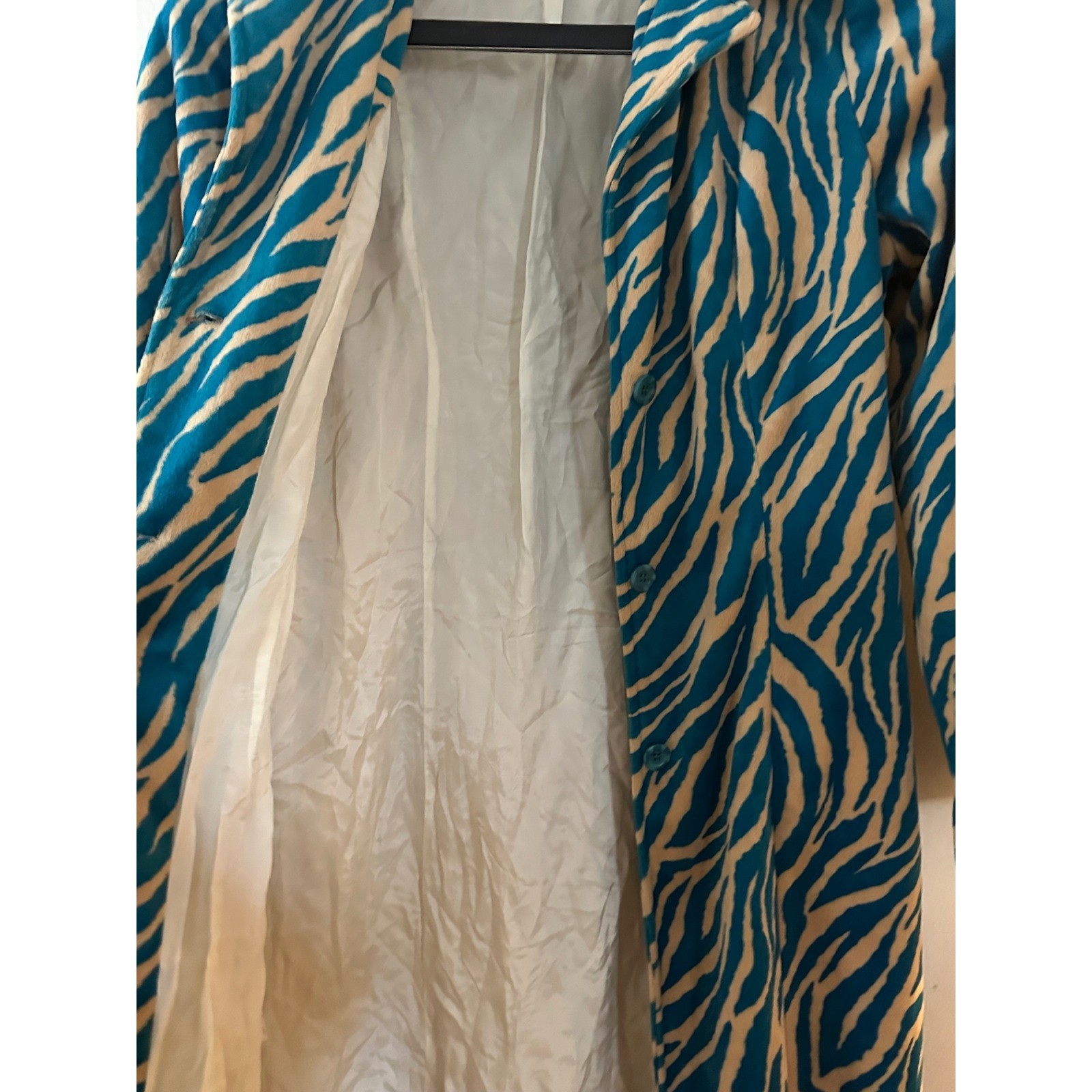 Vintage Vibe Teal & Tan Zebra Print Faux Fur Suede Trench Coat Large