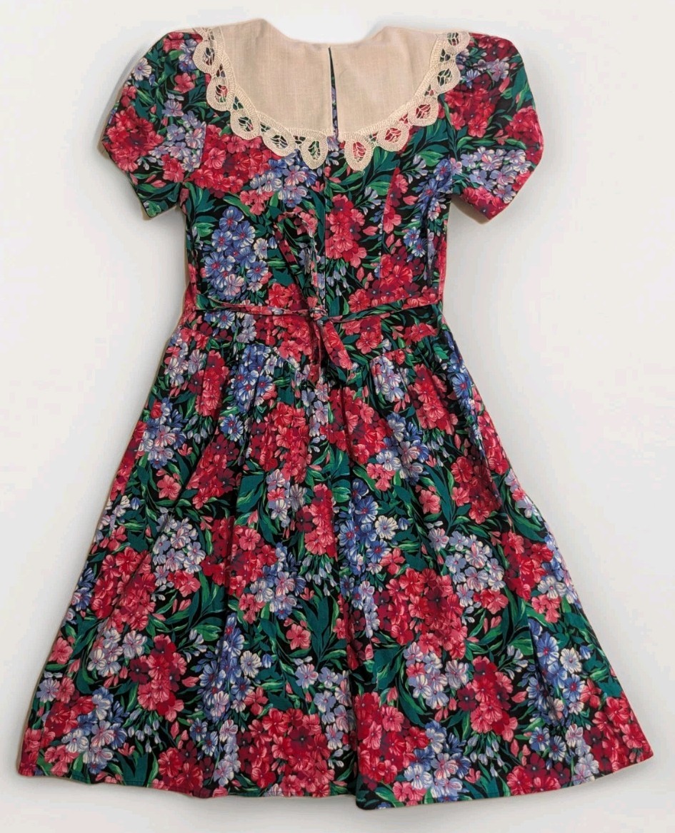 Vintage Miss Dorby Dress 8P Floral Rayon Lace Collar Made USA Cottagecore Midi