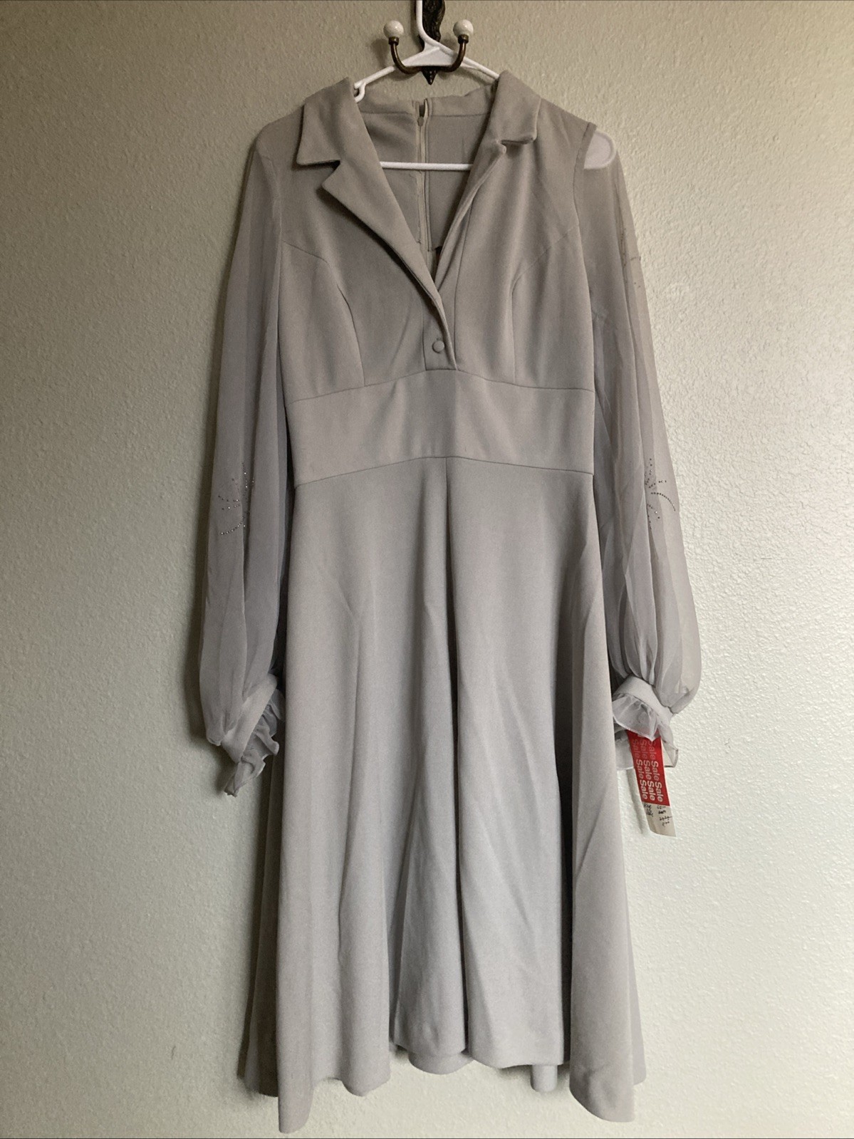 Vintage Grey Green Blue Dress Puffed Sleeves Evening Gown Size 6-8 Miss Melinda