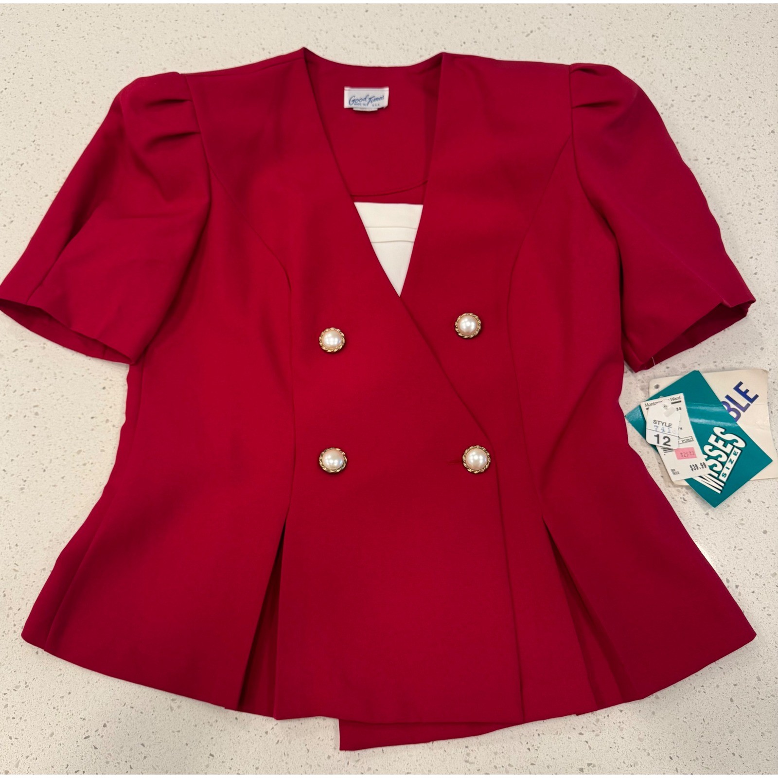 Good Times Blazer Top Womens 12 Red NEW Vintage Peplum Pearl Button Office Chic