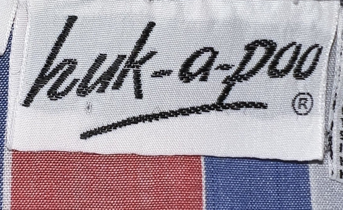 VTG huk‑a‑poo Gray Red Blue Black Stripe Blouse 70s Scallop Collar Cuffs S Retro