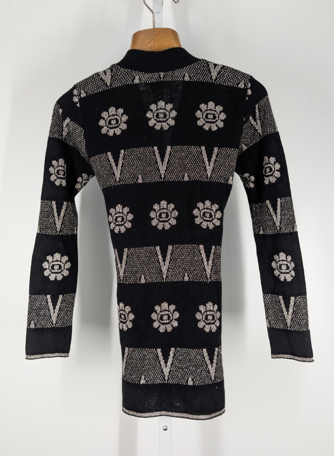 Vintage 60s 70s France Plymouth Disco Mod Boho Silver Intarsia Flower Cardigan