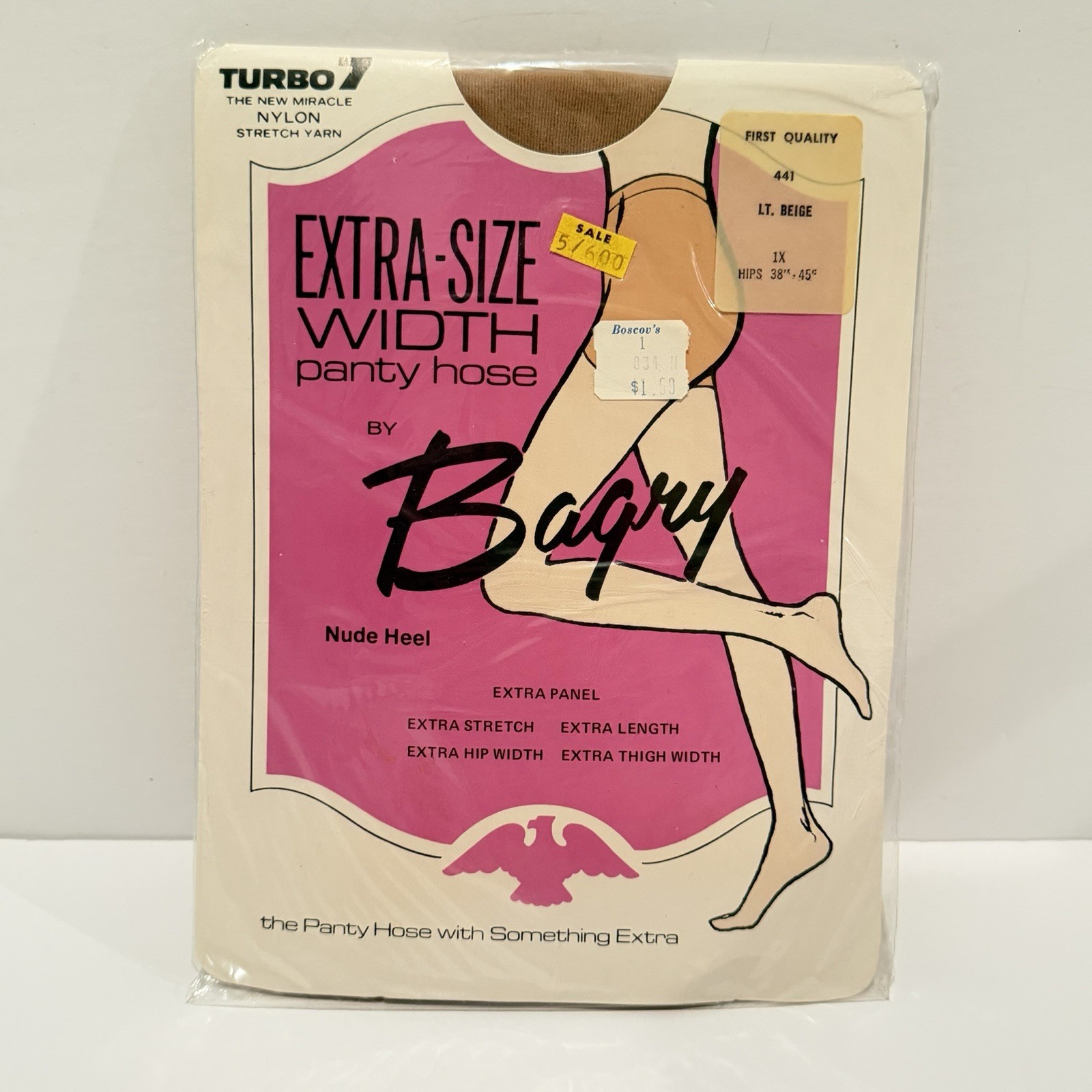 1970’s Marathon Trubo 7 Panty Hose Nylons 1X 38-45″ Hip Beige Extra-Size Width