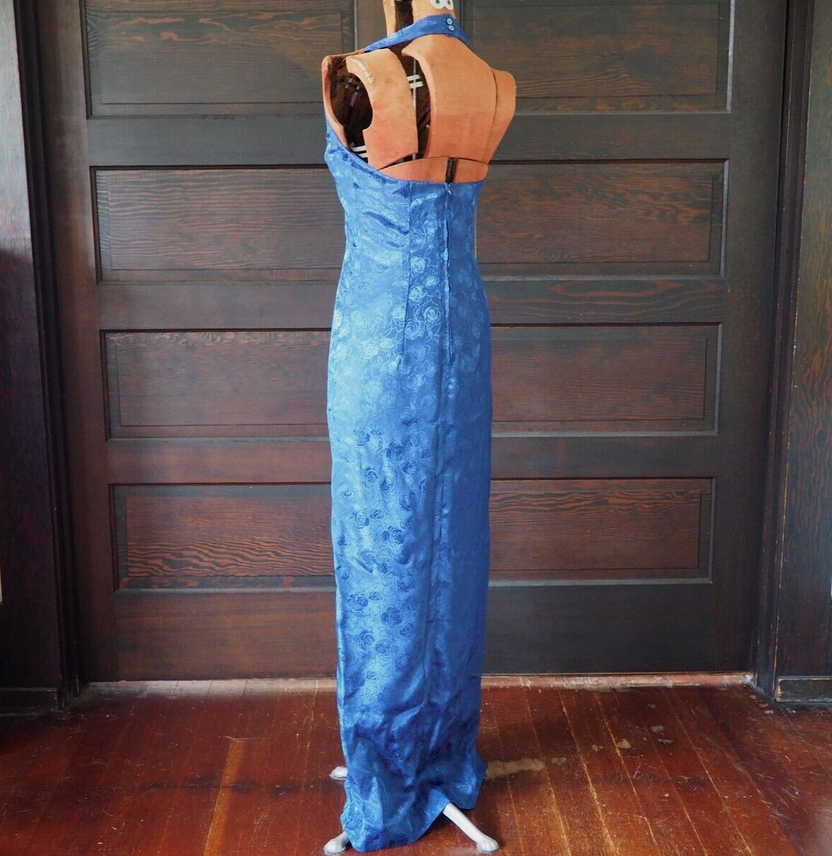 VTG 60s 70s Royal Blue Rose Sweetheart Halter Cocktail Party Formal Dress Sz S