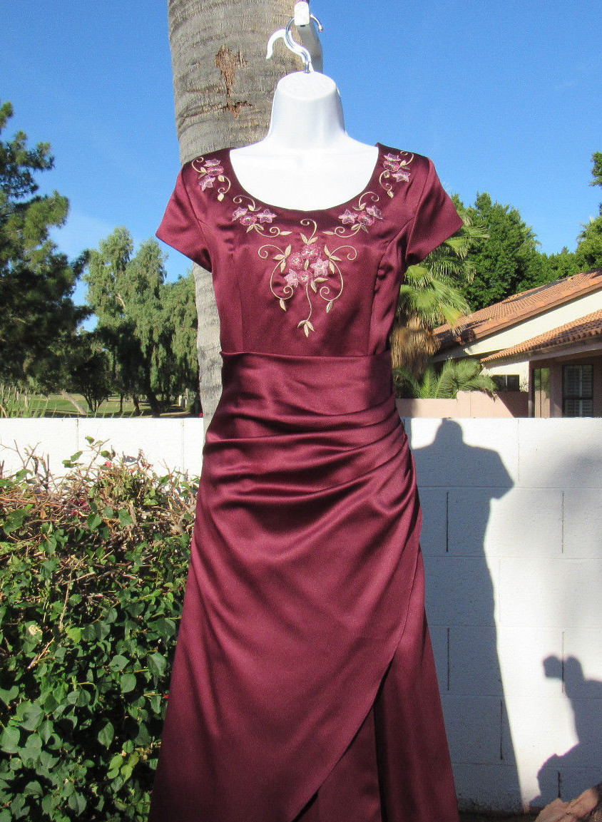 VTG 1970s 80s SAKS FIFTH AVENUE EVENING FORMAL DRESS BURGUNDY WINE EMBROIDERY