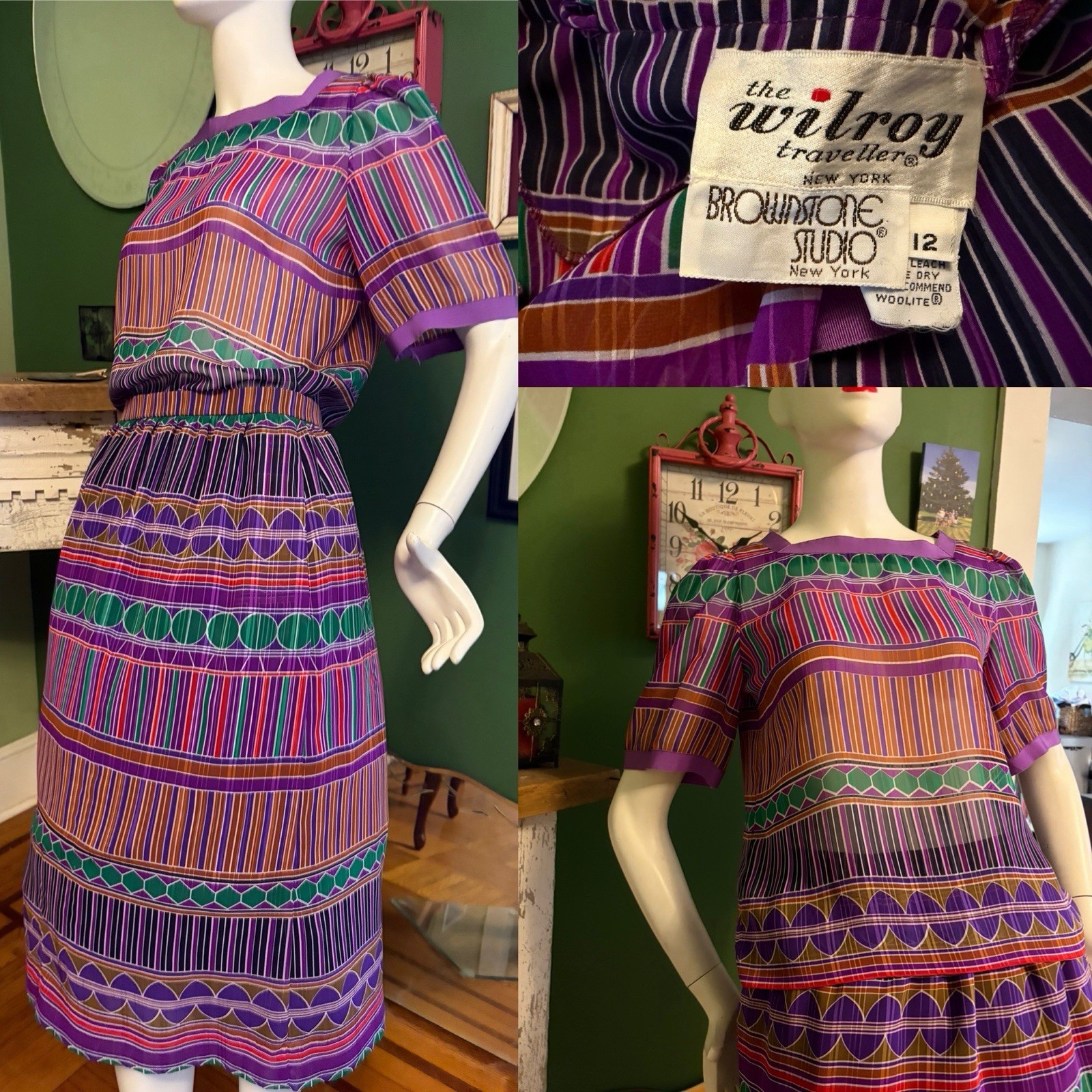 Vtg Willroy Traveler Graphic Print Bold Colors Sheer Set Dress Skirt & Top 36/30