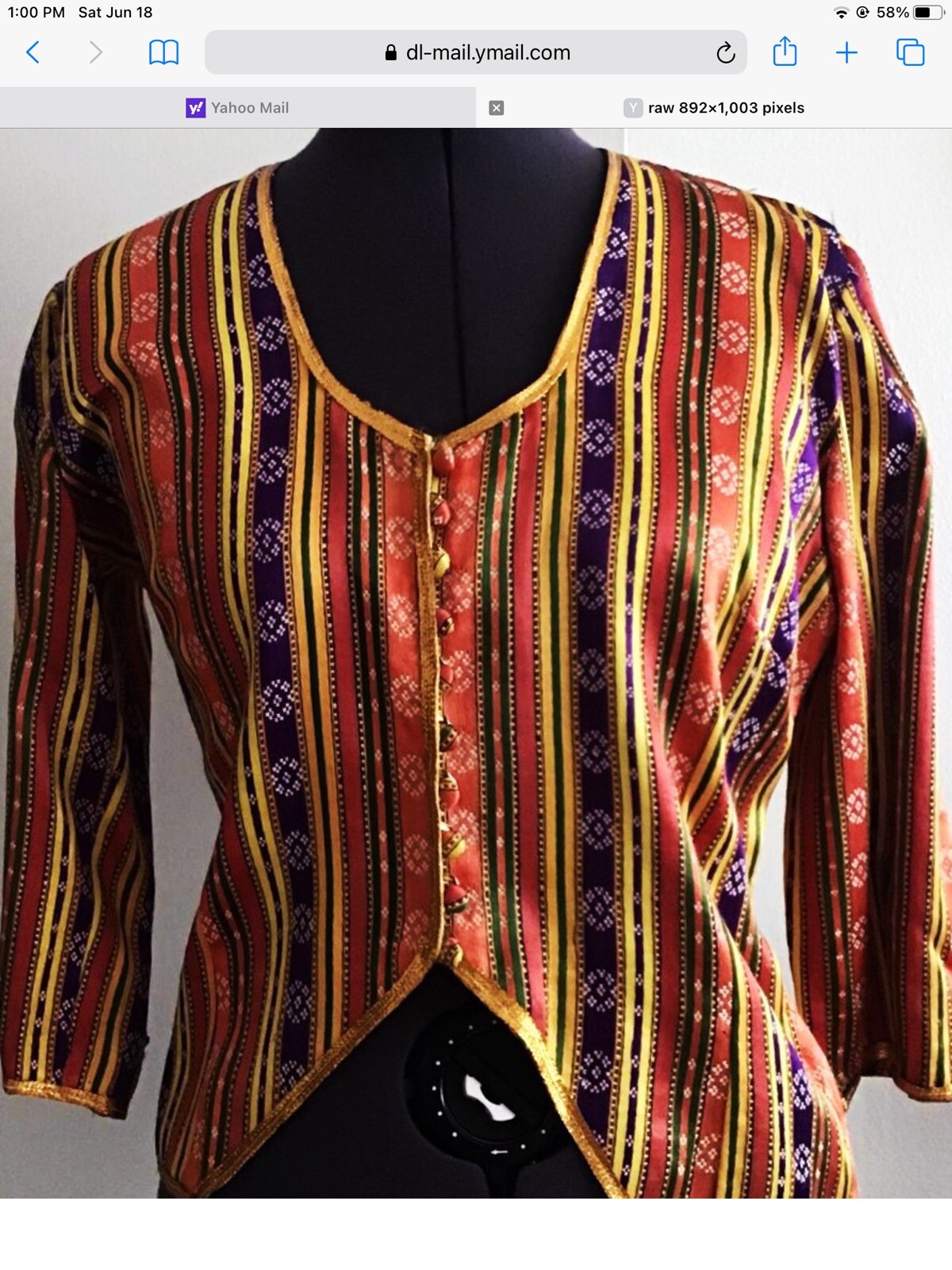 Vintage 50s Satin Brocade Lounge Blouse Top Covered Buttons Gold Trim M-L
