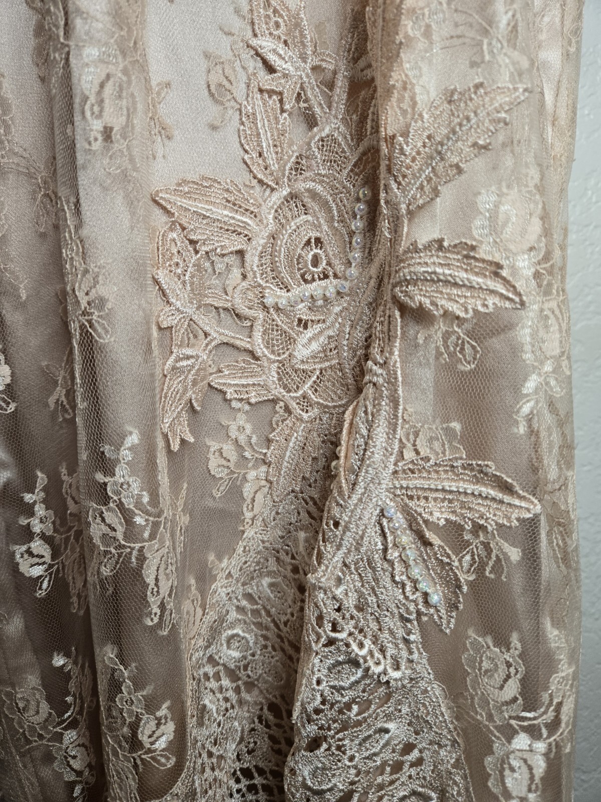 Lorrie Kabala Dress Vinage 80s Victorian Style Champaign Ruched Lace Beaded Sz 4