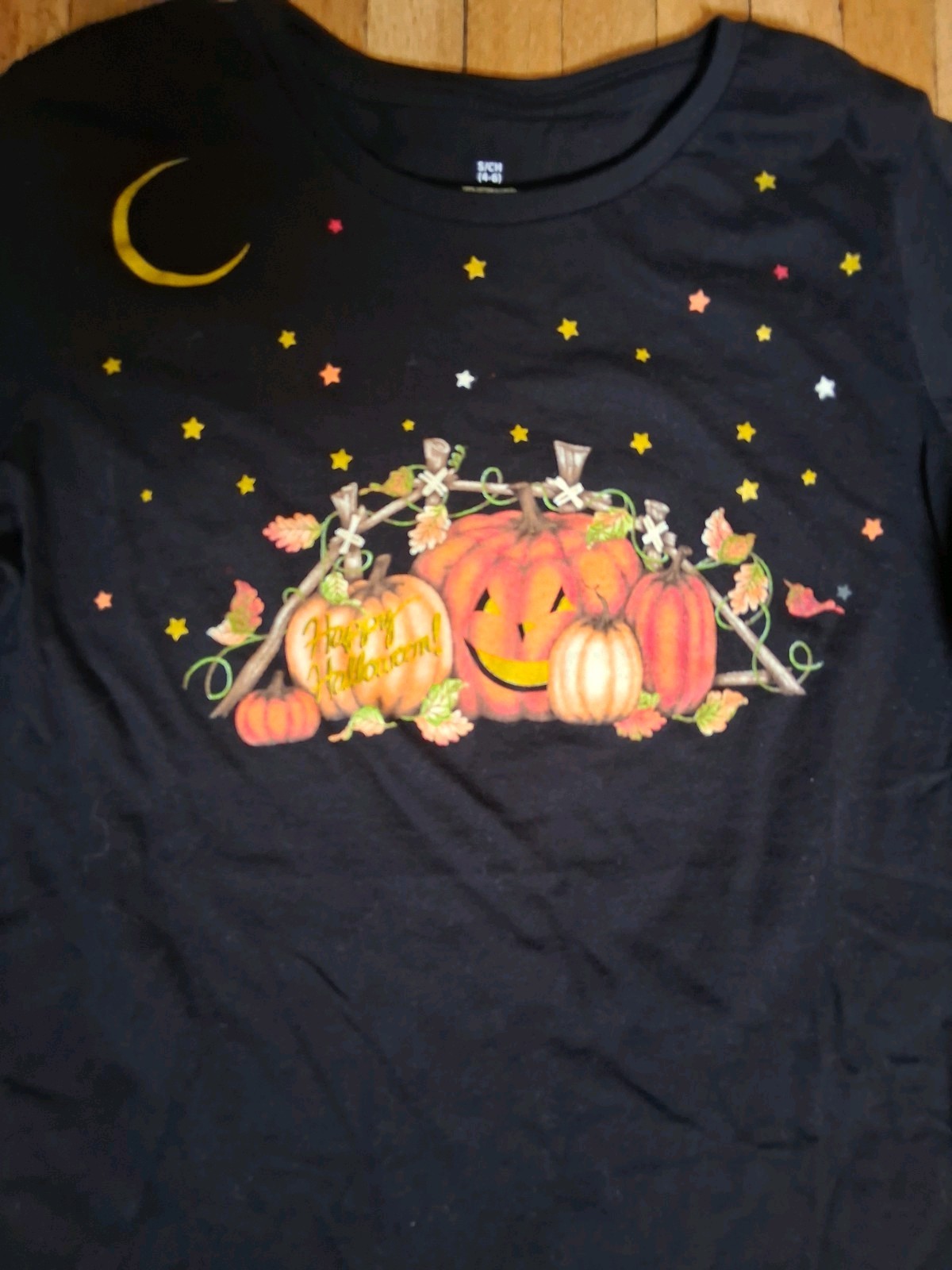 Vintage Y2K Halloween Pumpkin Star Crescent Moon Black Graphic Shirt Size SMALL
