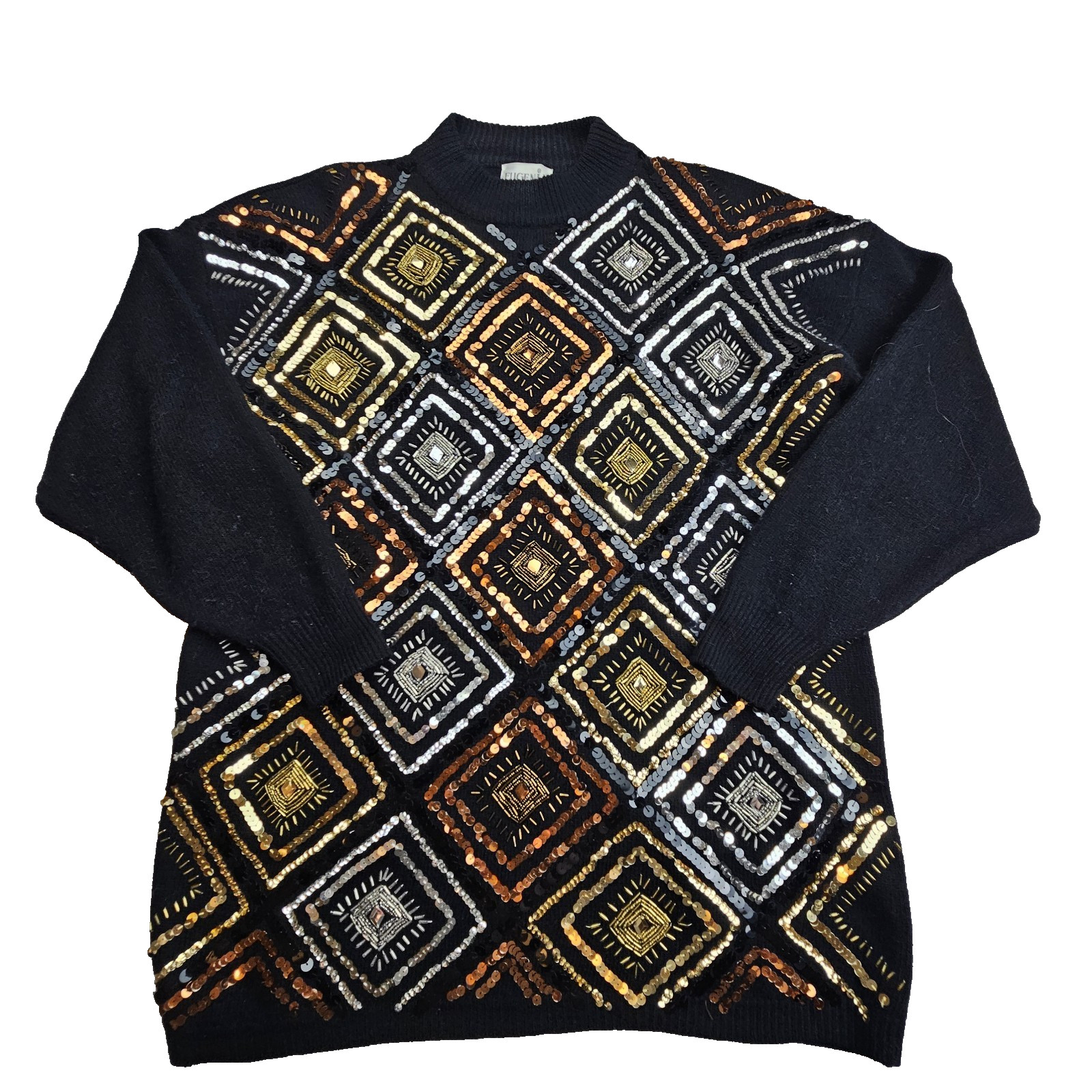 Vintage 80s Eugenia Lambswool Angora Sweater XL Jeweled Ornate Beaded Glam Black