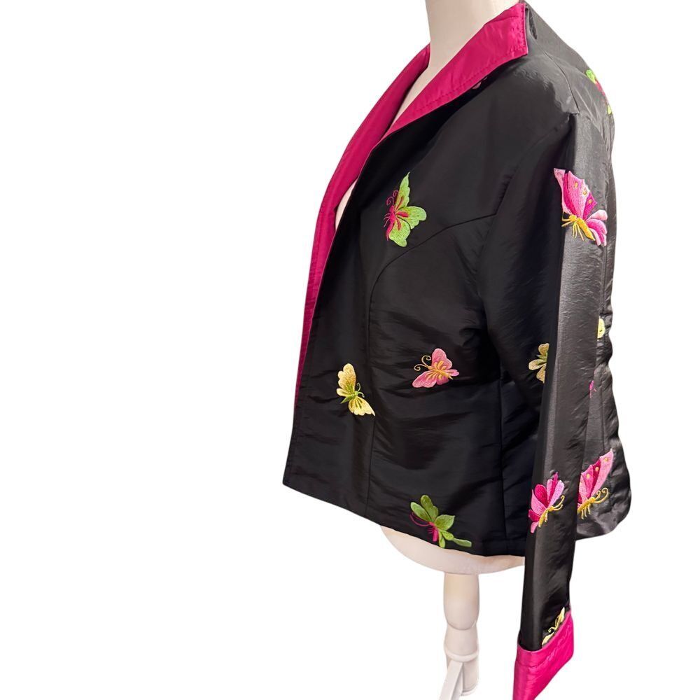 Vintage Black Silk Butterfly Embroidered Asian Style Jacket Hot Pink Trim sm/med