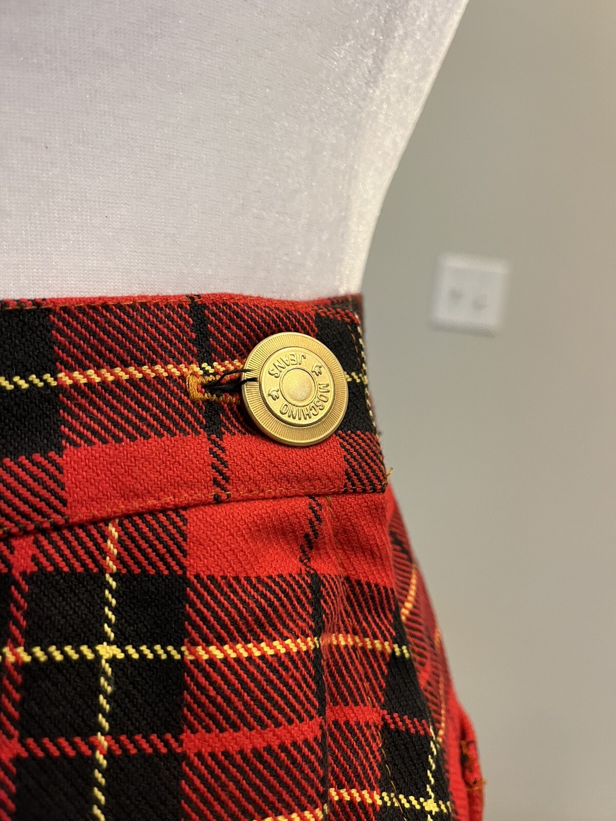 VTG 90’s Moschino Jeans Red Black Plaid Schoolgirl Pleated Leather Peace Skirt