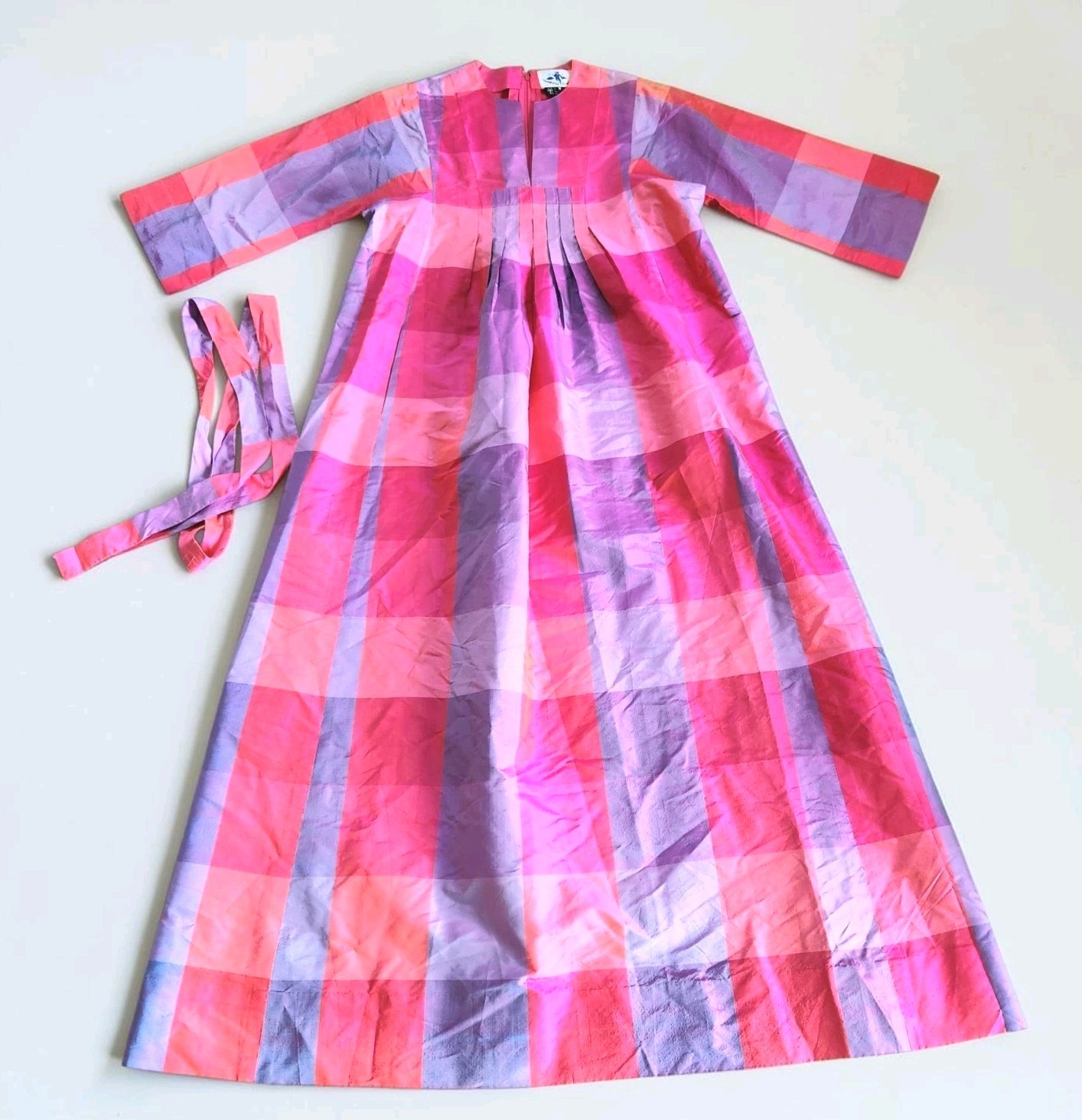 Vintage Jim Thompson Siamese Trader Thai Silk Belted Madras Kaftan Dress M 60s