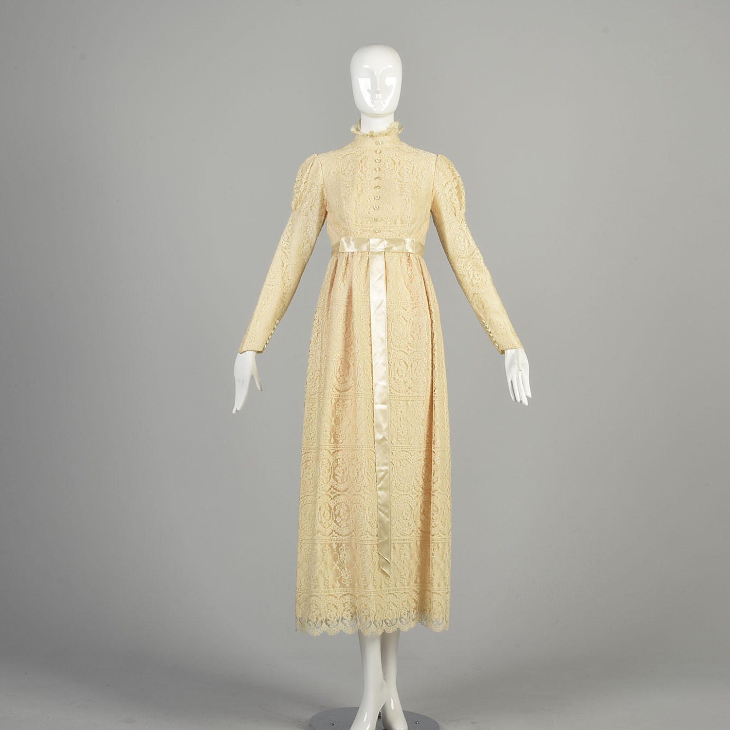 XS 1970s Marshall Fields Cream Wedding Dress Lace Overlay Juliet Sleeve Maxi