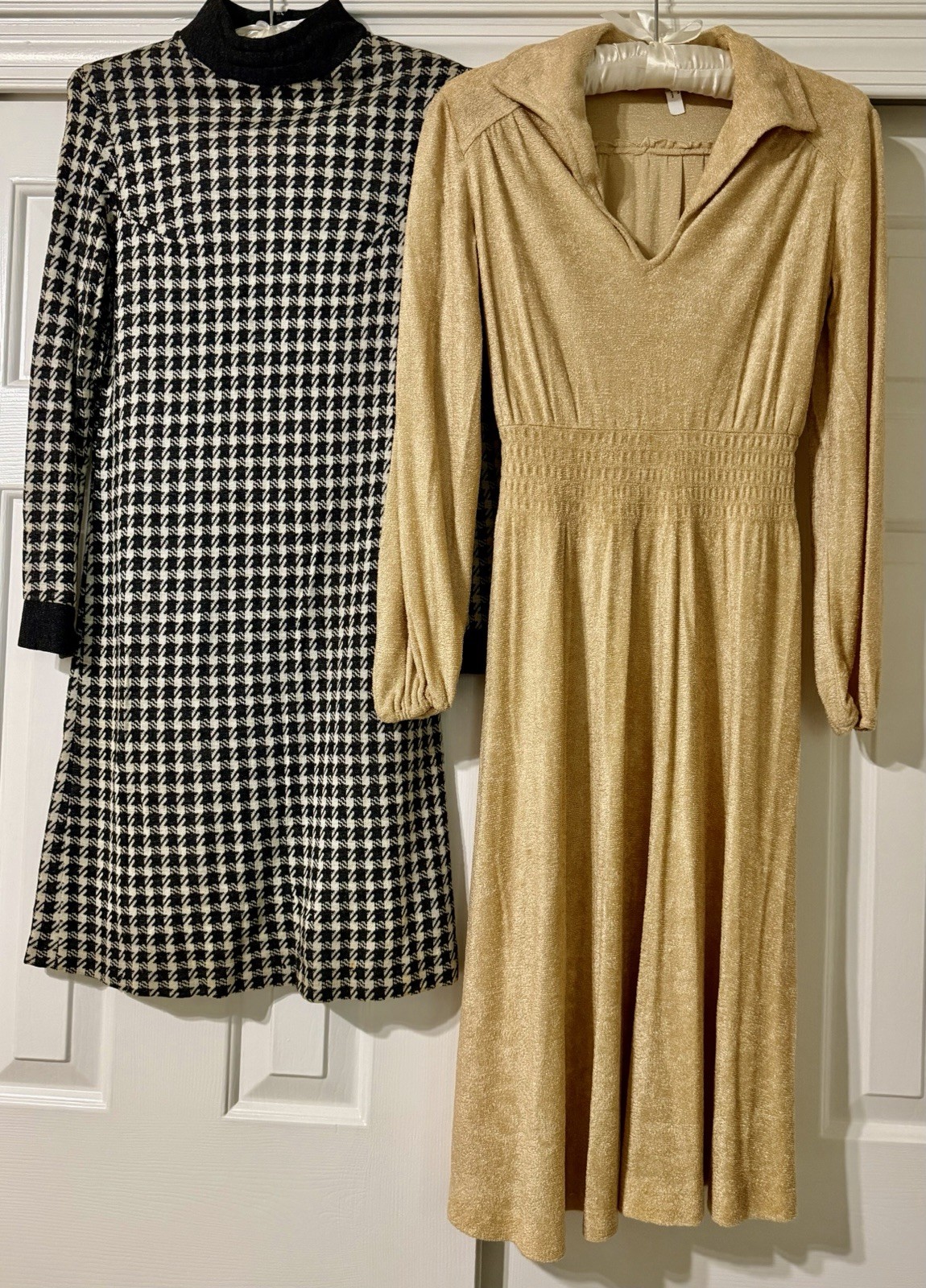 2 Vintage 1970s Women’s Dresses- Tan Terry Shirt Dress& Grey Houndstooth