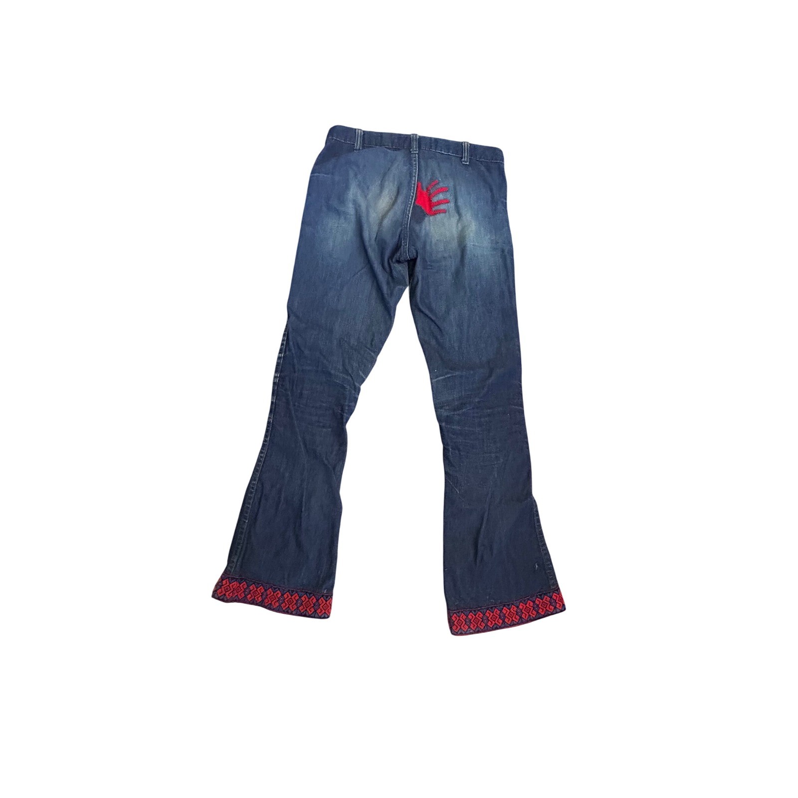 Vintage Landlubber Blue Flare Jeans Embroidered Patch 30×30.5 Hippie 1970s Boho