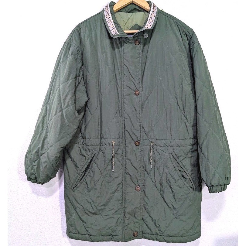 Vintage Olive Green M Quilted Parka Jacket Patterned Collar Drawstring Waist